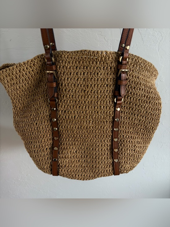Handbags - Michael Kors Santorini Studded Woven/Straw Tote w/Brown Leather Straps Like New